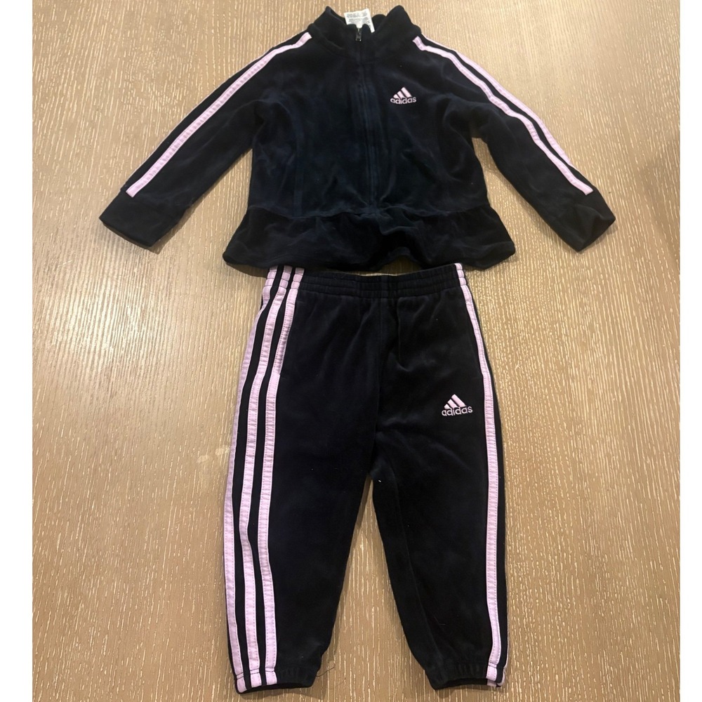 Adidas Girls 2T Black Pink Velour Tracksuit‎ Set Peplum Zip Jacket Jogger Pants